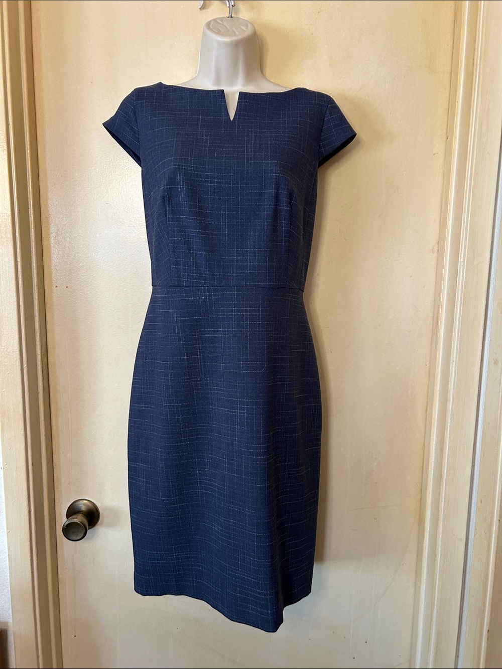 Ann Taylor Steel Blue Subtle Plaid Midi Sheath Dress size 8P NWOT